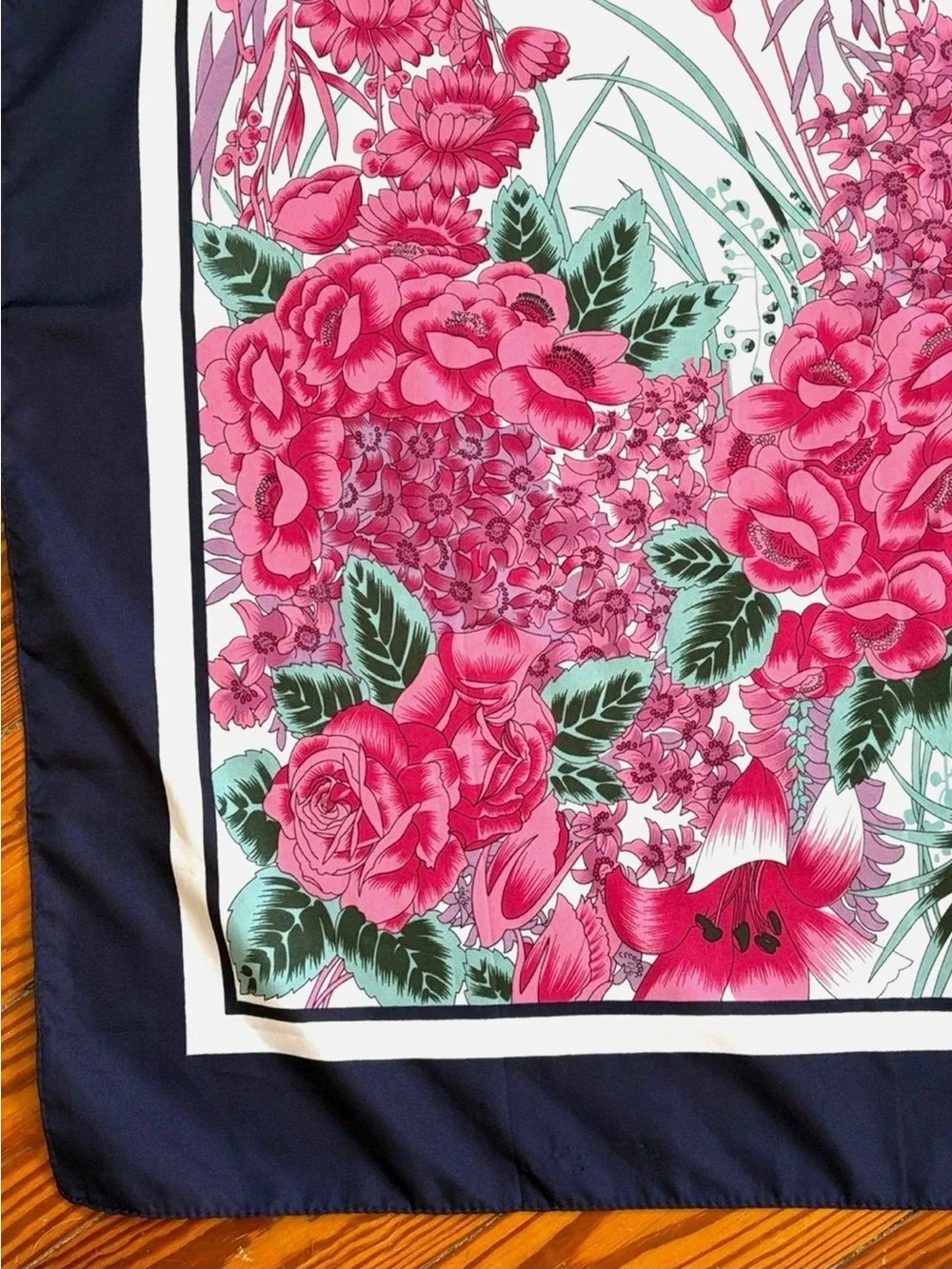 Floral Square Scarf Pink Navy Botanical 27 x 27 Rose Hydrangea Lily